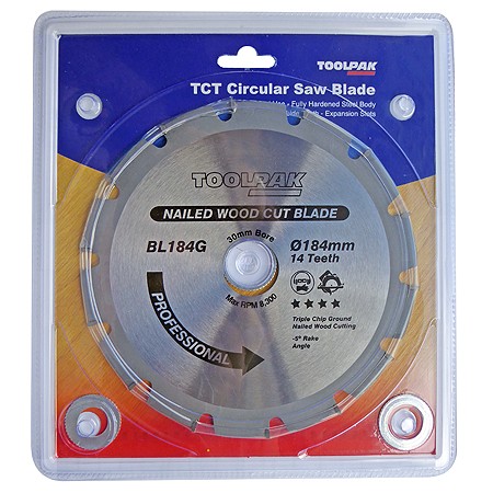 TCT Saw Blade Nailed Wood 184mm x 30mm x 14T Toolpak 